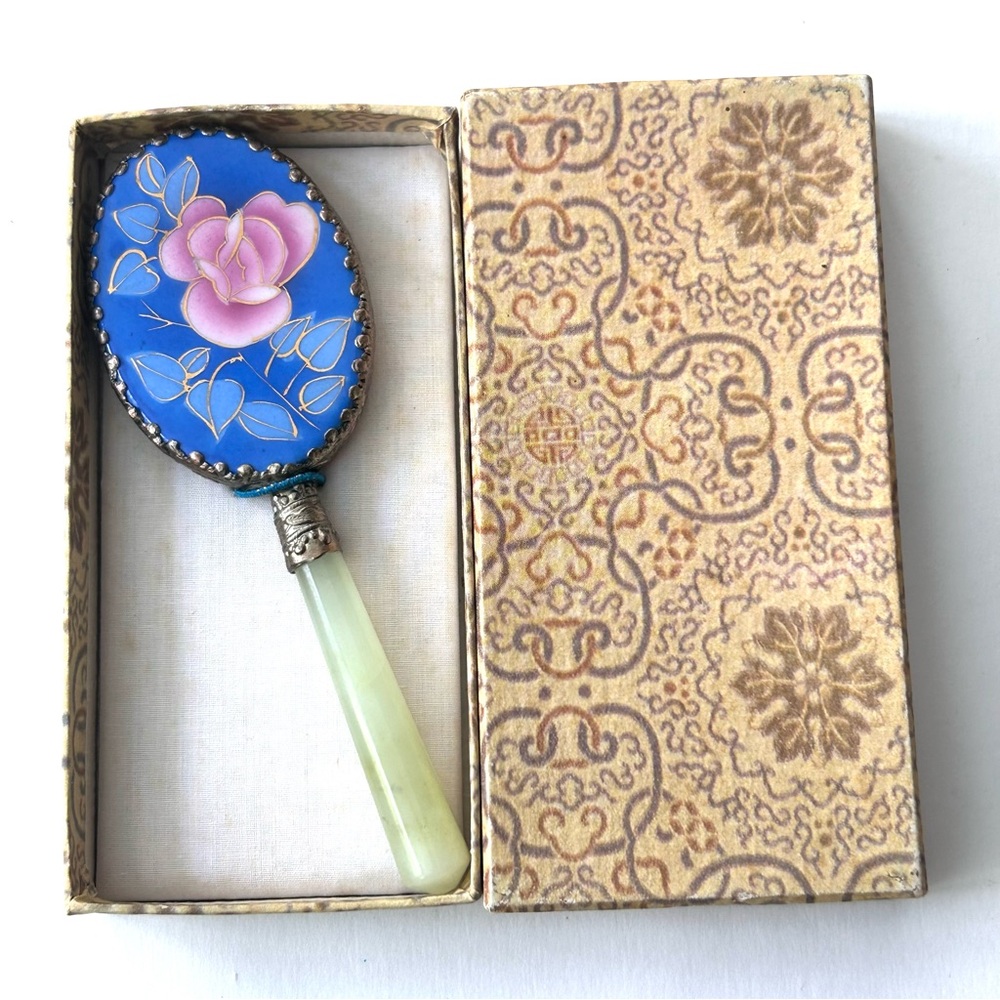 Chinese Hand Mirror Floral Design Stone Handle with Original Box